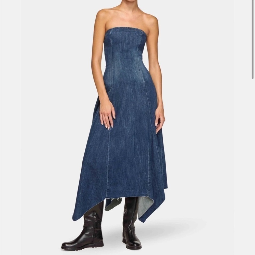 EB Denim Eliana NWT Jean Jaggered Hem Flowy Strapless Fit & Flare Dress Large - Picture 3 of 4